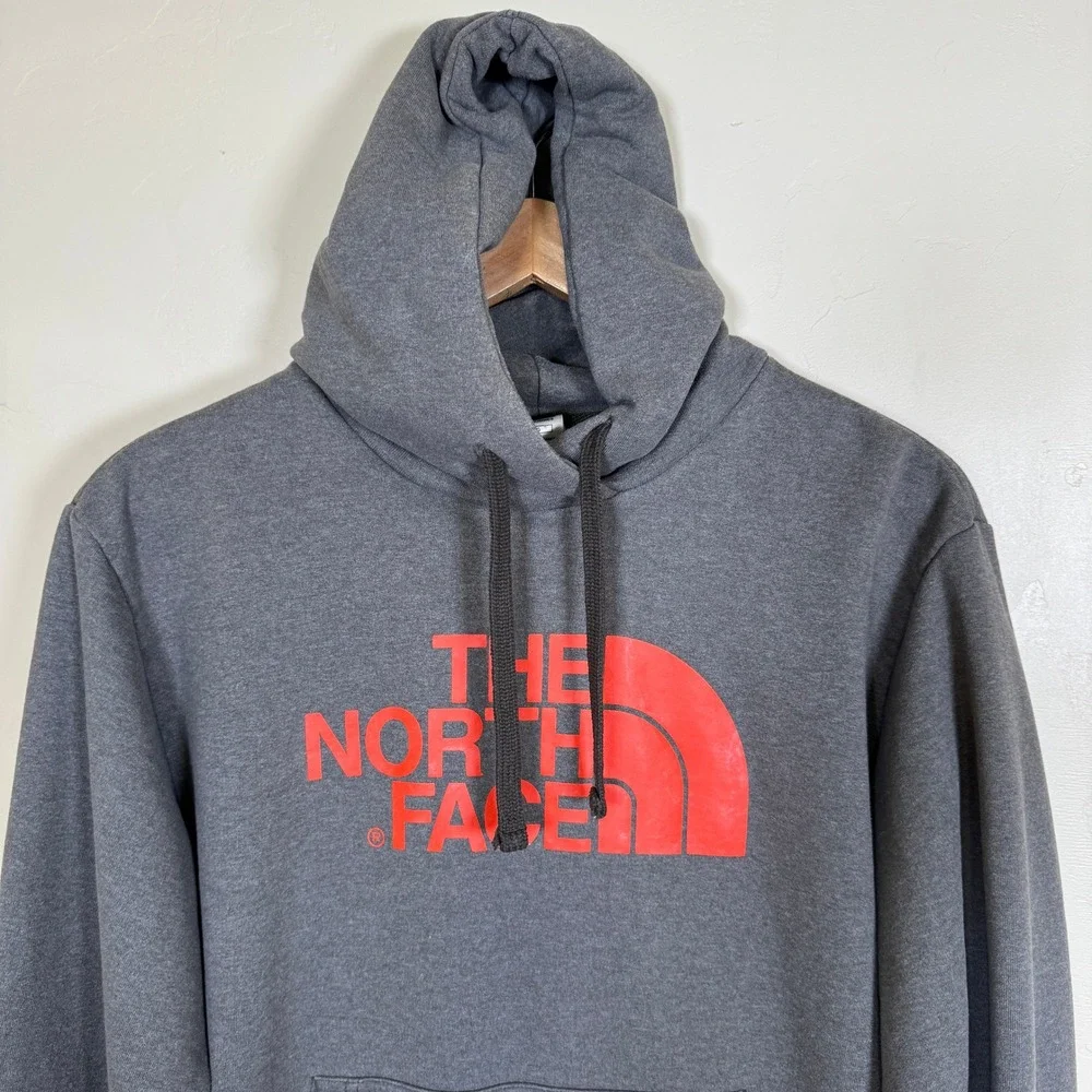 The North Face Hoodie Mens L Grey Half Dome Orange Logo Pullover Sweatshirt Camp